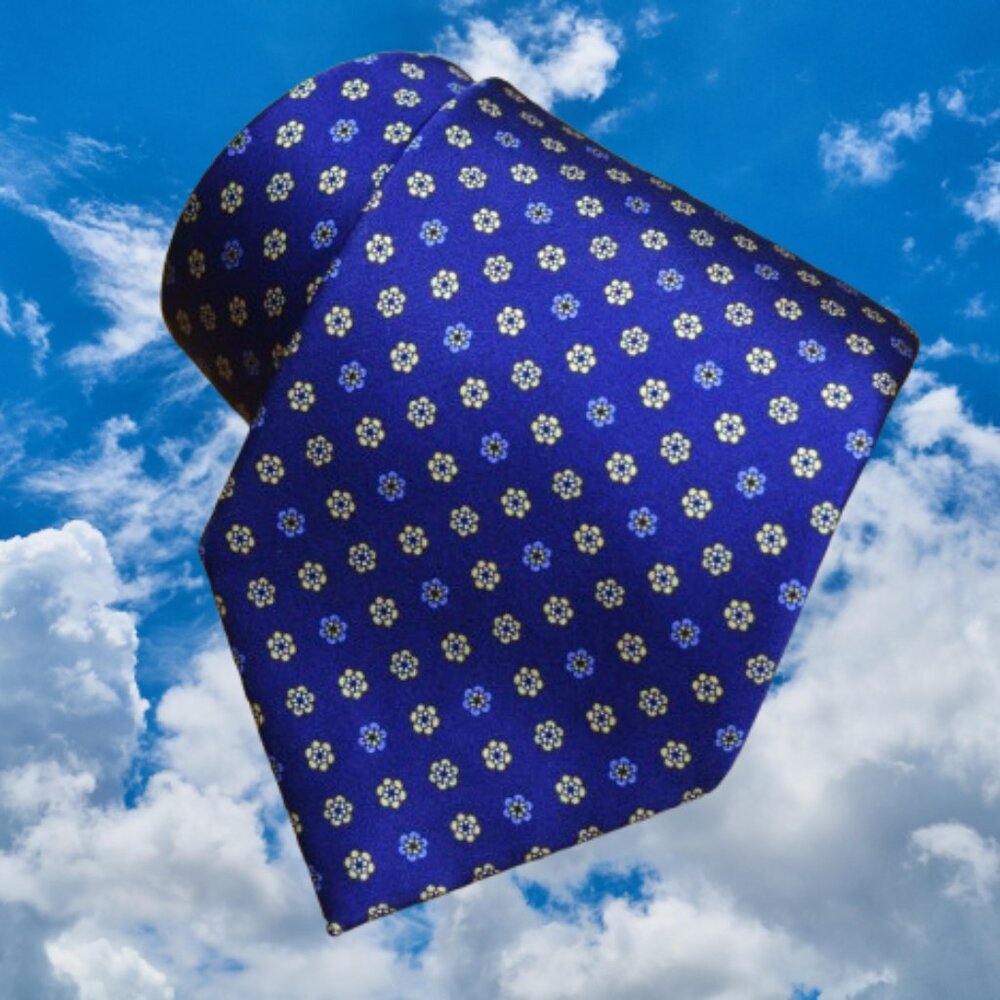 $490 BRIONI Handmade Navy Blue Aqua Floral Geometric Luxury Silk Tie Italy